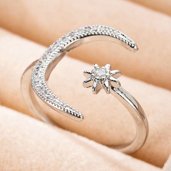Celestial Crescent Moon Star Silver Tone Crystal Adjustable Ring NWT - Picture 10 of 13